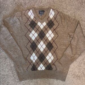 Vintage Argyle Preppy Merona 100% Wool Tan Beige Brown V-Neck Sweater (M)
